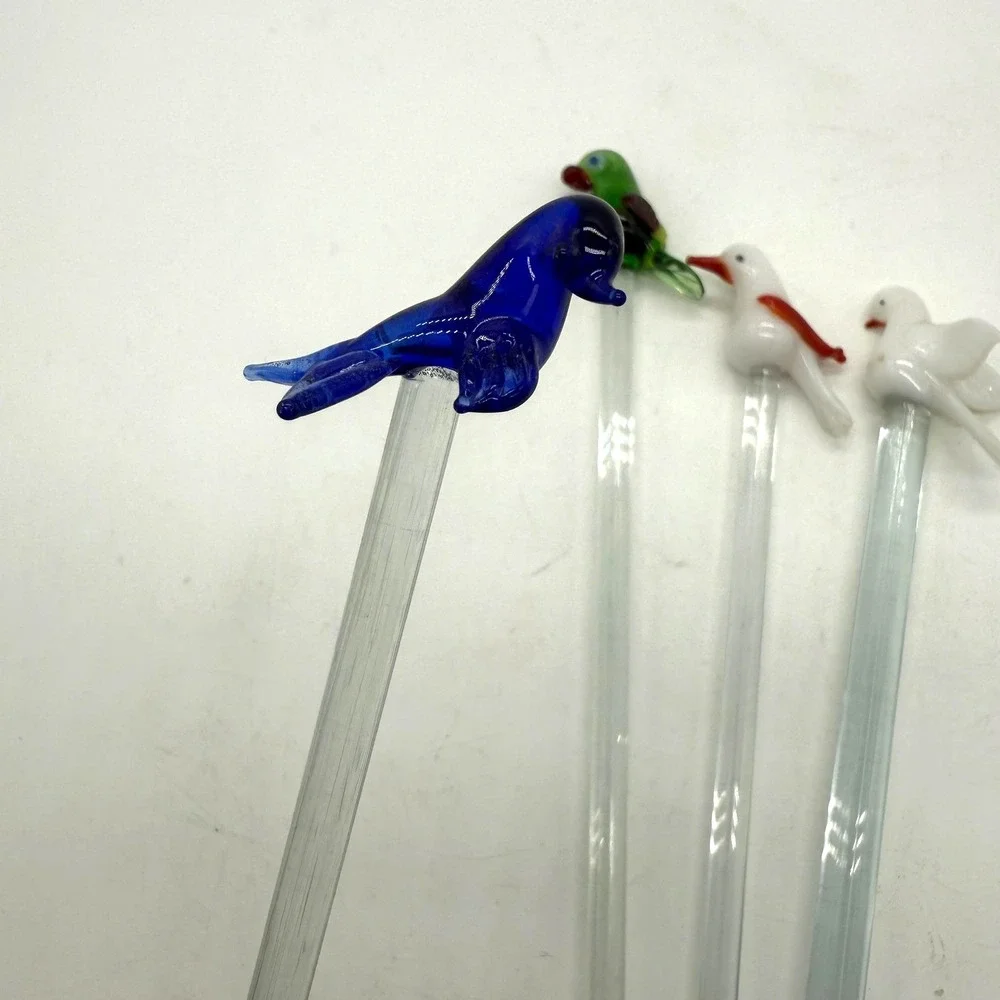 Art Glass Birds Of Britain Cocktail Glass Stirrers Set 4 Multicolor‎ Unmarked
